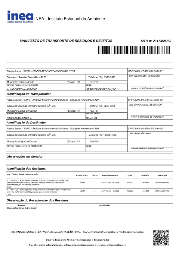 Manifesto de Transporte de Resíduos e Rejeitos (MTR) do INEA, coleta realizada pela Ambipar na Fly Balloon