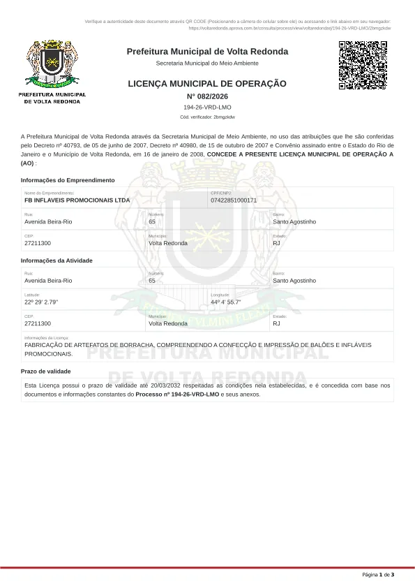 Licença Municipal de Operação nº 082/2026 da Fly Balloon, emitida pela Secretaria Municipal de Meio Ambiente de Volta Redonda