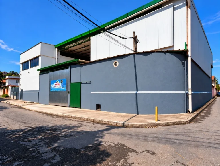 fachada atual do galpão G2 da Fly Balloon em Volta Redonda RJ em 2026, vista de esquina com portão metálico, porta verde, telhado com borda verde e placa azul com o logotipo da empresa